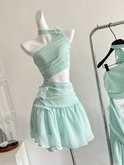 Hnewly  Elegant Sexy Summer New Women's Dress Asymmetrical Shoulder Pure Desire High Design Sense Waist Cinching Mesh Skirt