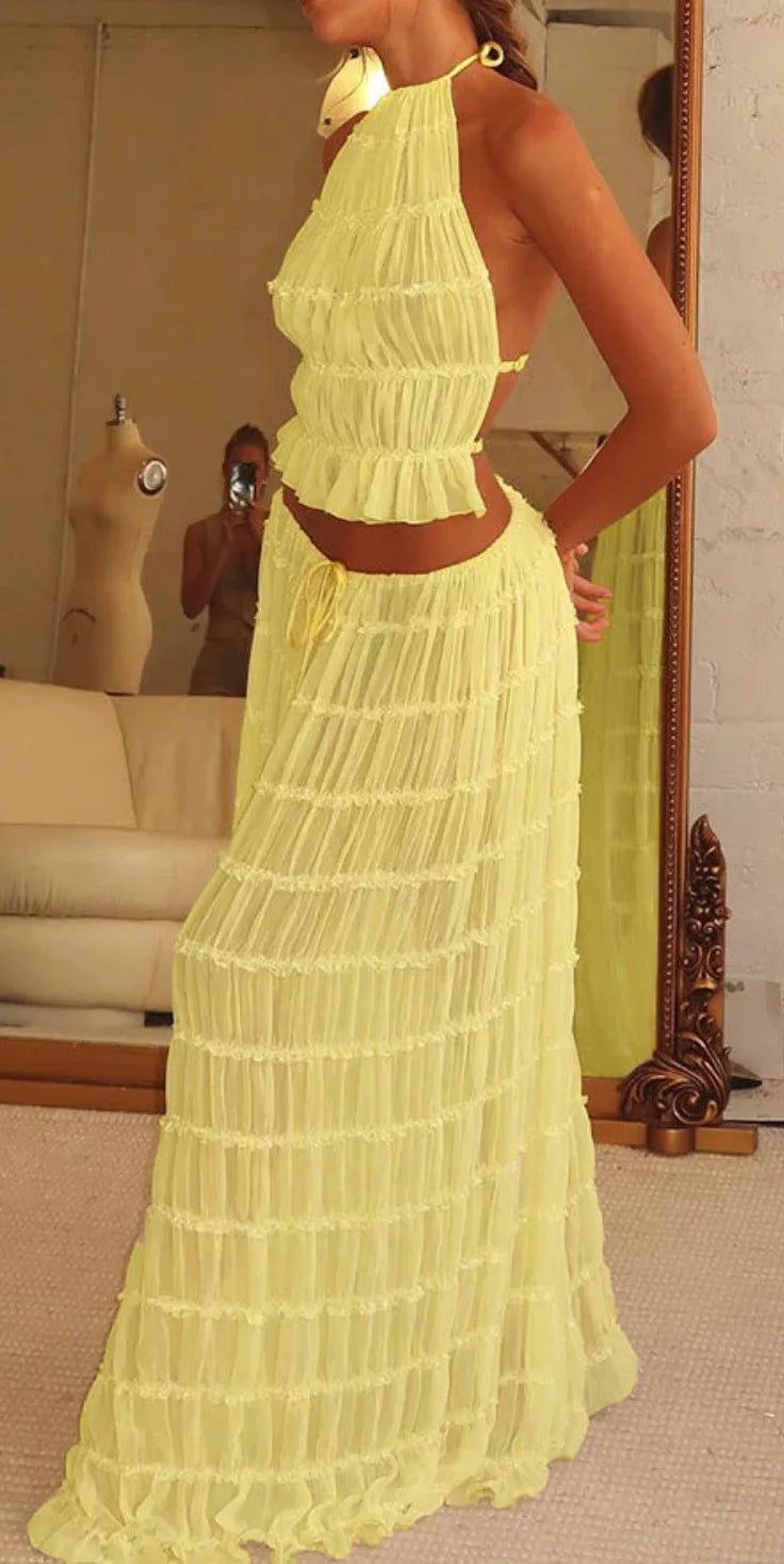 Hnewly Fashion Sexy Halter Neck Strap Vest Women's Aesthetic Lace Pleated Long Skirt Suit Spring Summer