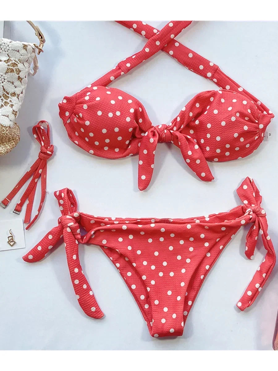 Hnewly  Ribbed Knotted Polka Dot Bikini Women Strapless Bandeau Swimsuit Female Swimwear Two Pieces Bikini Set Bathing Suit Swim