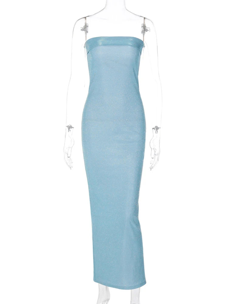 Hnewly Bling Glitter Sexy Y2K Clothes Sleeveless Backless Tube Bodycon Birthday Maxi Dresses For Women Club Evening Party