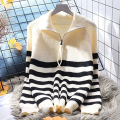 Hnewly  Half Zipper Stripe Pullover Sweater  Women Loose Knitted Base Shirt  2025 Spring /Autumn Japanese Style Long Sleeve Pullover Top