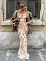 Hnewly  Flower Print Slit Suspender Dress For Women Plunge Sexy Holiday Party Long Dress Female New Sleeveless Dress Vestido