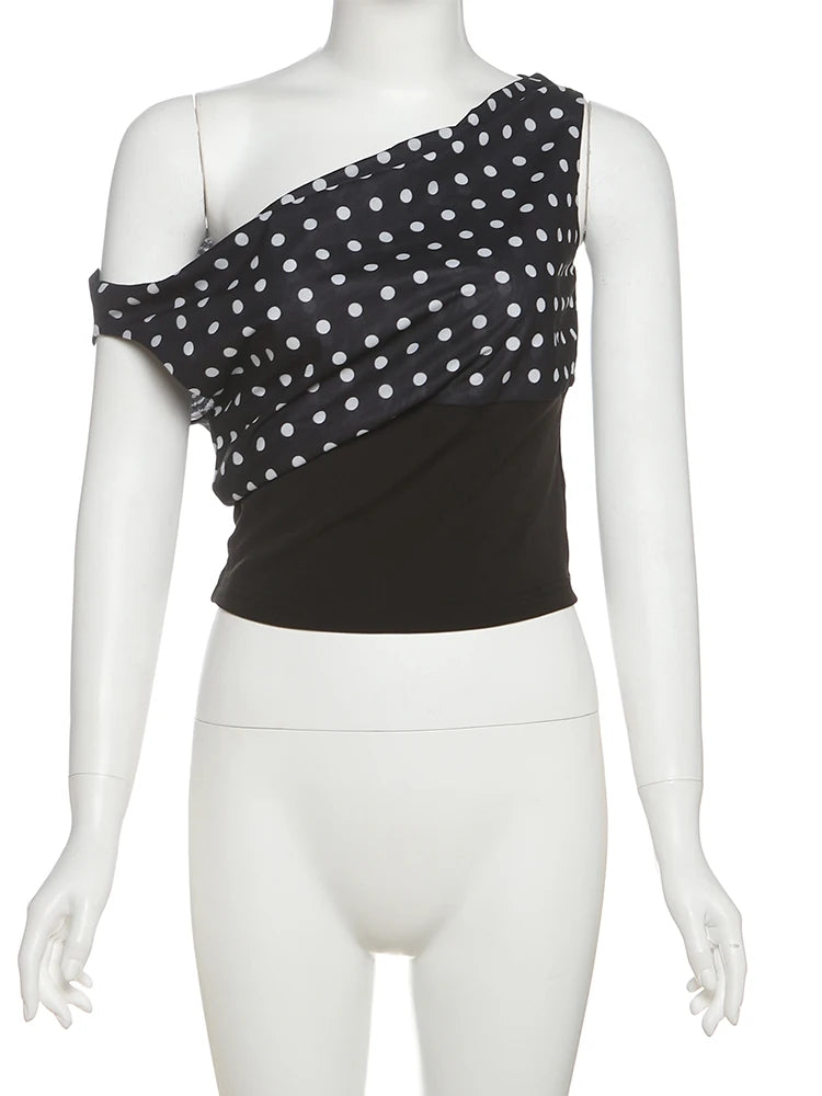 Hnewly  Polka Dots Print T-Shirts Women Summer Trend Skew Collar Off Shoulder Backless Street Fashion Trend Ruched Crop Tops
