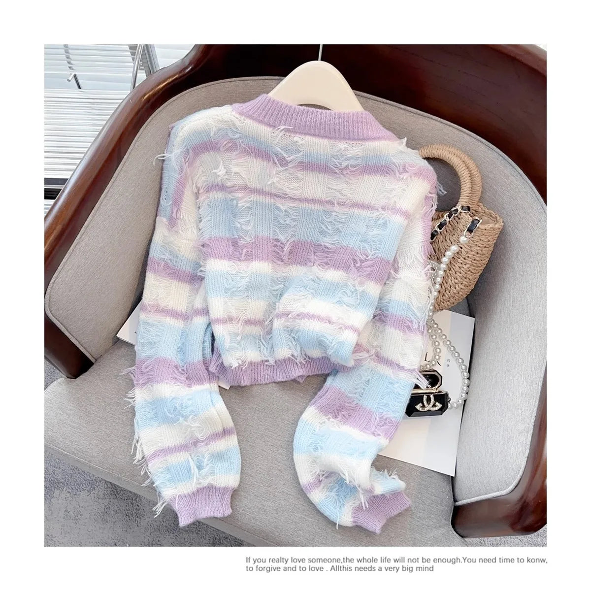 Hnewly Striped Fashion Tassel Sweater Women's Autumn Single Breasted  O-Neck New Short Knitted Cardigan Long Sleeve Top