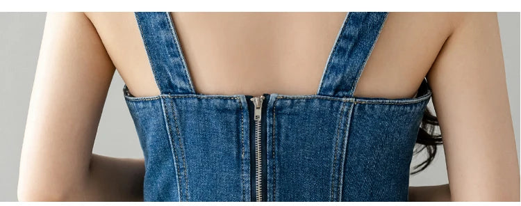 Hnewly  Denim Spaghetti Strap Dress New Summer Women's Retro Strap A-Line Dress Classic Blue Tea-Length Versatile Slim Sun Dresses