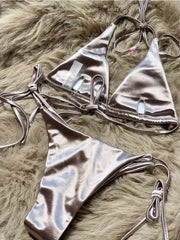 Hnewly  Wrap Around Halter Metallic Satin Bikini Women Swimwear Female Swimsuit Two-pieces Bikini Set Brazilian Bathing Suit Swim Lady
