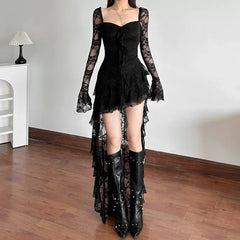 Hnewly  Fairycore Lace Flare Sleeve Square Neck A-line Dress Sweet E-girl Irregular Long Hem Dresses Cyber Y2K Party Vestido