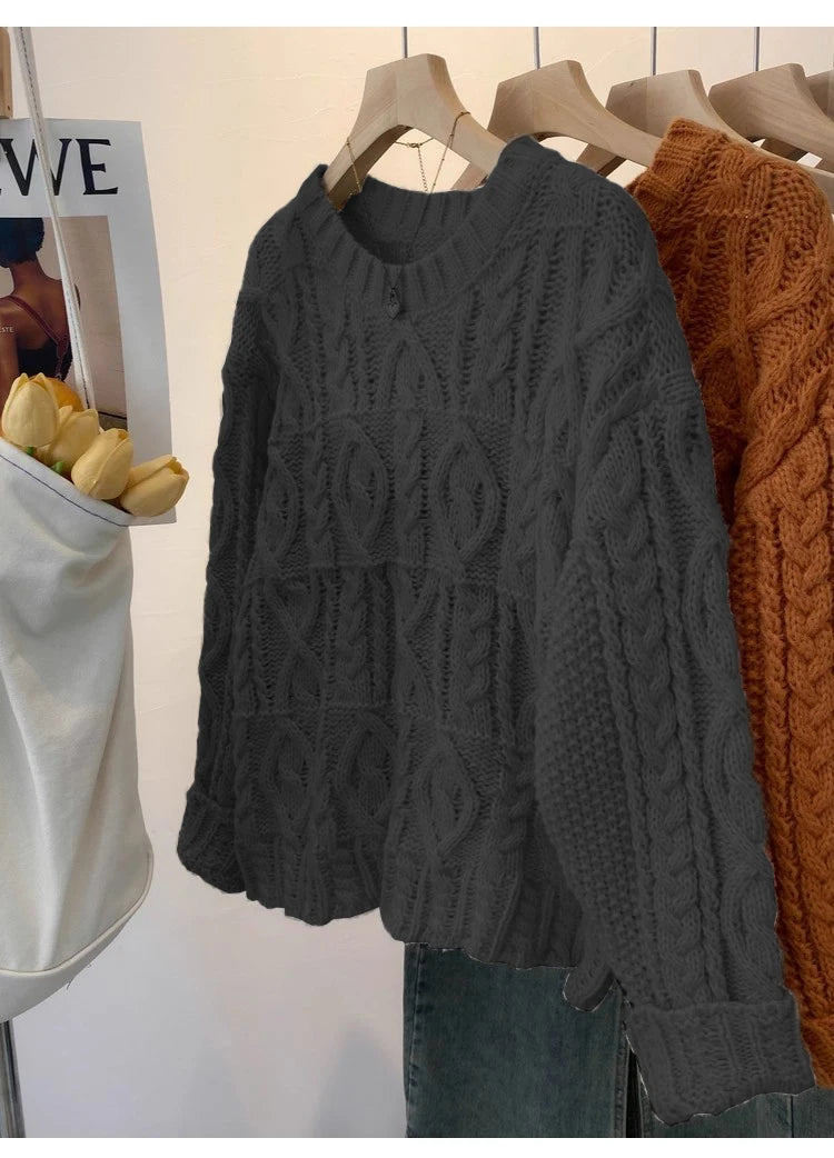 Hnewly  Chunky Knit Oversized Sweater Pullovers Women Loose Cable-knit Crewneck Sweater Jumper Teen-girl Granpa Style Y2K Outfit