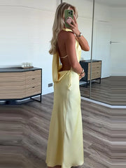 Hnewly  Elegant Silk Women's Dress Fashion Solid Sleeveless Backless Slim Maxi Dresses Summer Chic Female Vacation Holiday Robe