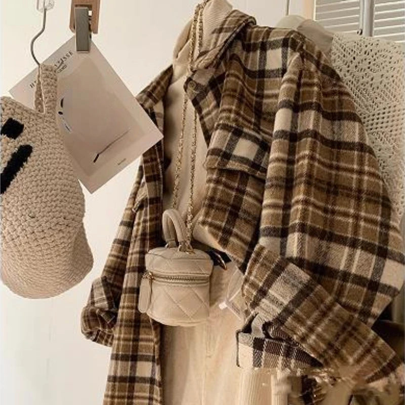 Hnewly Plaid Woolen Shirts Women Tops Vintage Baggy Casual Outwear Fashion Korean Style Pockets All-match Chic Lapel Camisas De Mujer