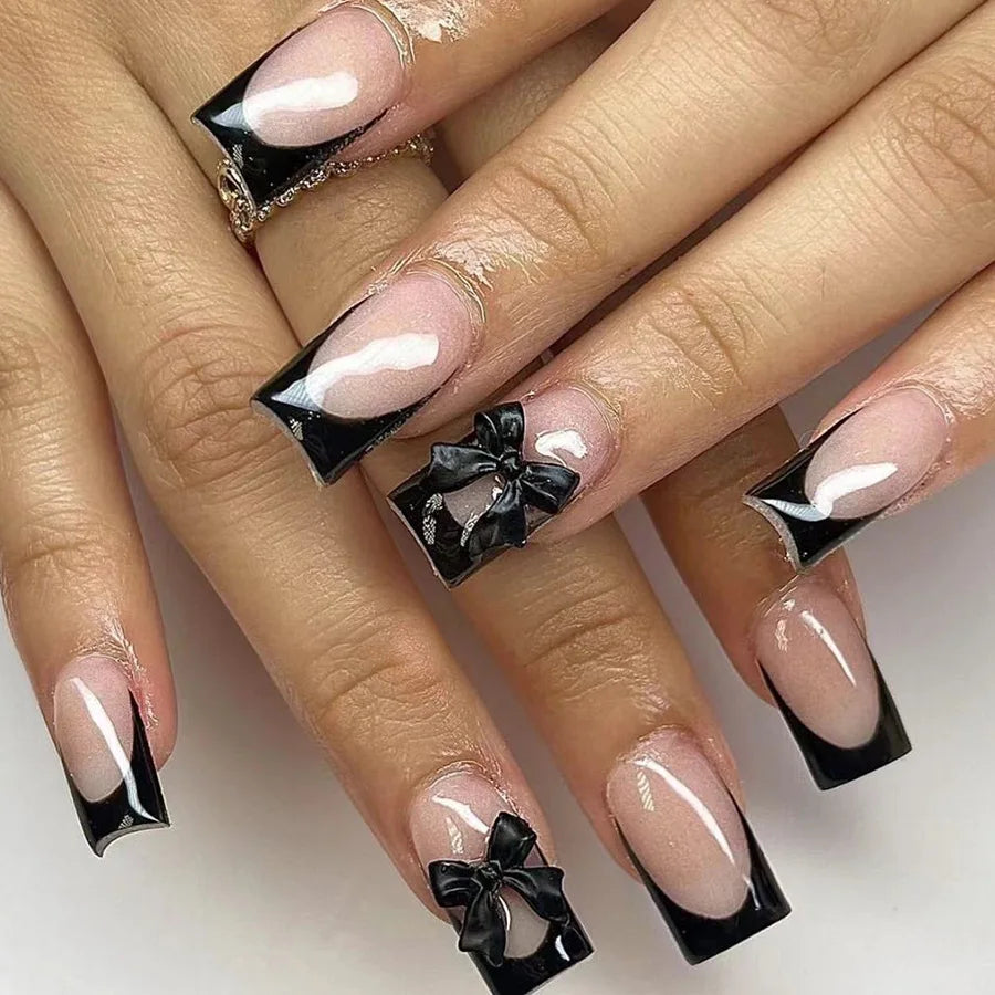 Hnewly Pink French Style Fake Nails 3D Bowknot Designs Short Square Press on Nails Sweet Korean Fashion False Nails for Women and Girls