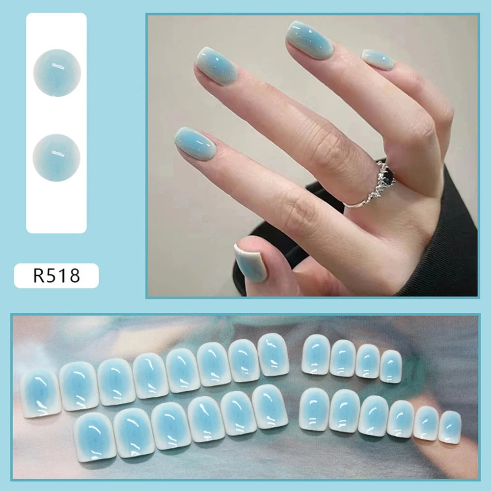 Hnewly 24pcs Gradient False Nails Cute Star Printed Design Fake Nail Short Square Faux Ongles Manicure Nail Stickers Press On Nail Tips