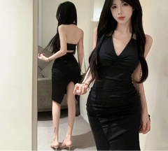 Hnewly  Woman Elegant Dresses Slim Split V Neck Summer Fashion Sexy Backless Halter Solid Party Dress Female Casual Temperament