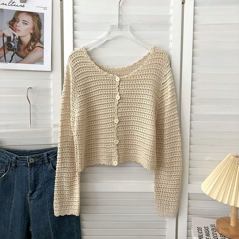 Hnewly  Crochet Cardigan for Women Sheer Openwork Knit Long Sleeve Button Up Crop Top Teen-girl Shrug Cardigan Autumn Spring Y2K Outfit