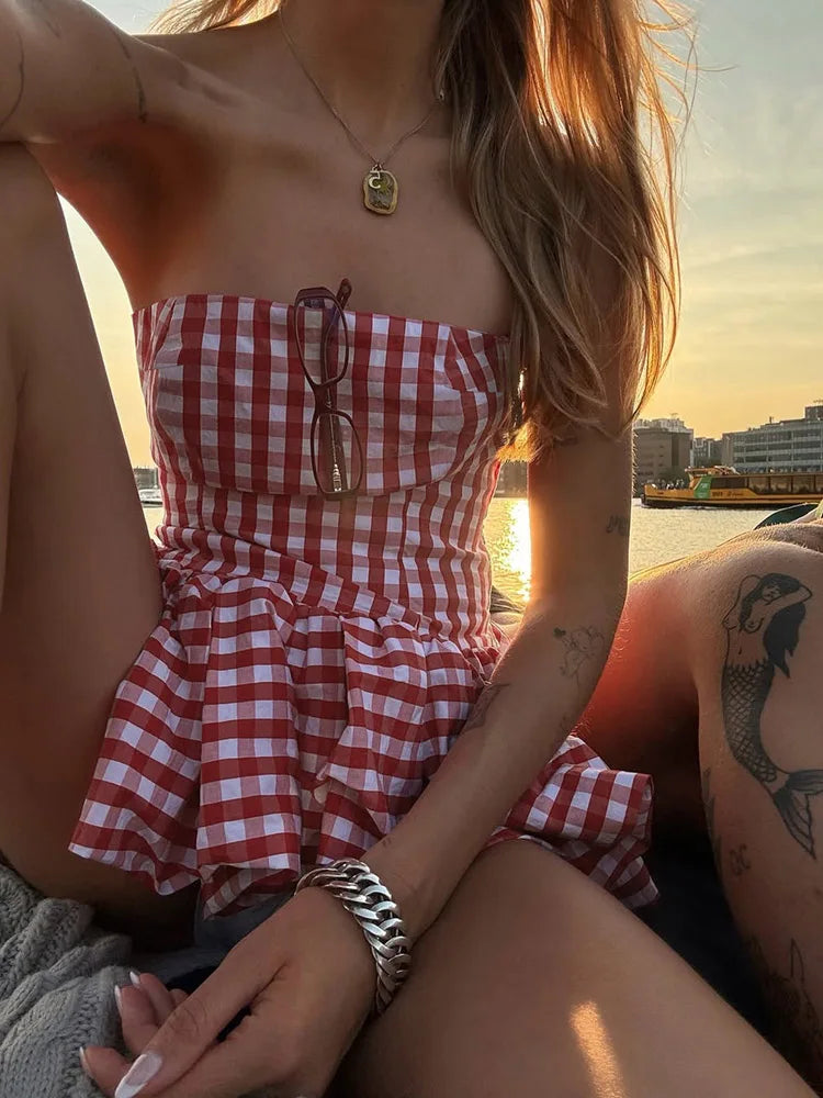 Hnewly Plaid Print Corset Tops Women Y2K Summer Pleated Fluffy Hem Sleeveless Basic Street Backless Vacation Beach Party Top
