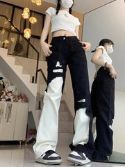 Hnewly  Trend Street Black White Denim Pants Women Y2k E-Girl High Waist Irregular Trousers Summer Loose Straight Wide Leg  Jeans