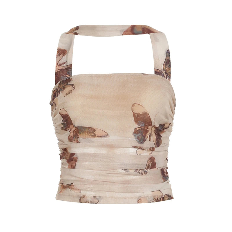 Hnewly Retro Butterfly Print Halter Tube Top Summer Casual Sleeveless Skinny Cropped Tops for Women Vintage 2000s Tees Aesthetic
