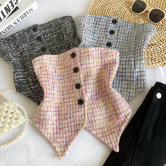 Hnewly  Retro Tweed Vest Elegant Off Shoulder Strapless Slim Irregular Short Top Women's Spring Summer Single Breasted Sleeveless Tank
