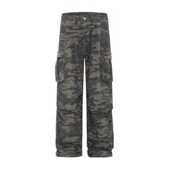 Hnewly  Vintage American Retro Camo Cargo Pants Men Women Loose Fit Wrinkle Pocket Streetwear Hip Hop Wide Leg Denim Trousers