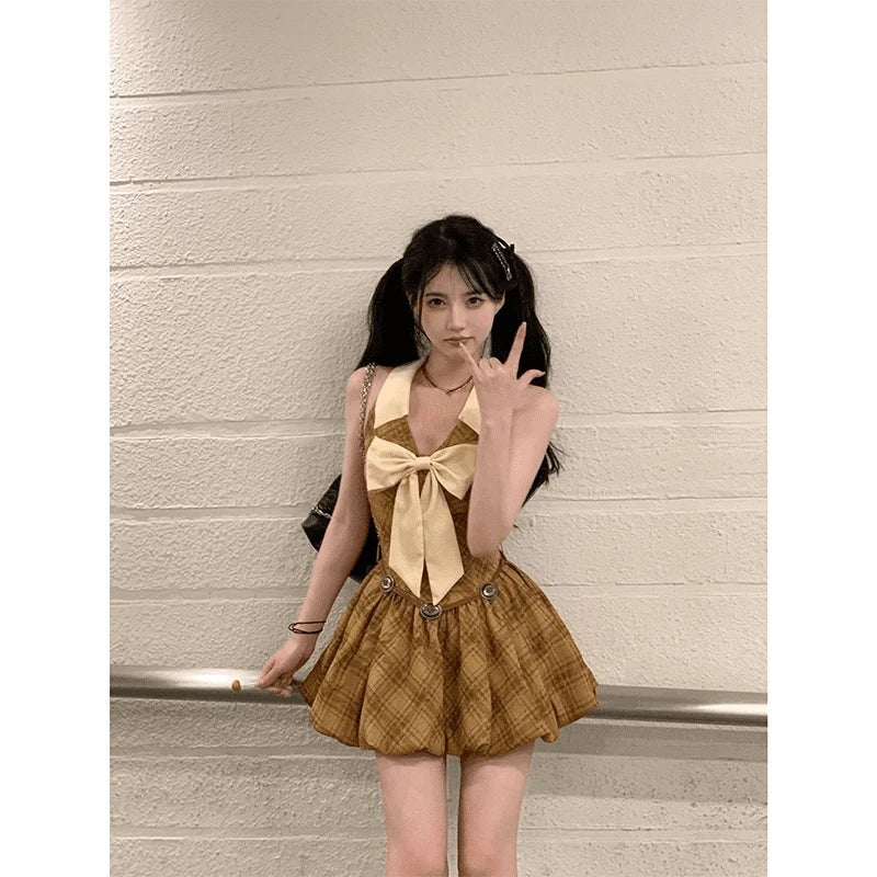 Hnewly Elegant Vintage Plaid Dresses Women Casual Sexy Bodycon Bow Ruffles Mini Dress Short Party Fashion Sweet One Piece Dress Korean