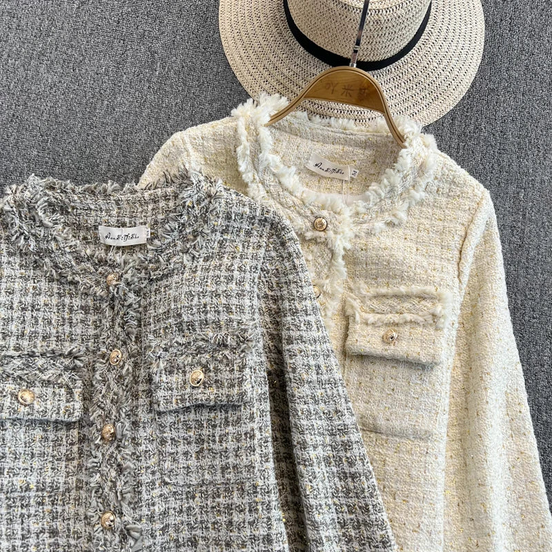 Hnewly  Woven Tweed Jacket Women Autumn Winter New Slim O-neck Single Breasted Coat Elegant Raw Edge Tassel Long Sleeve Blazer