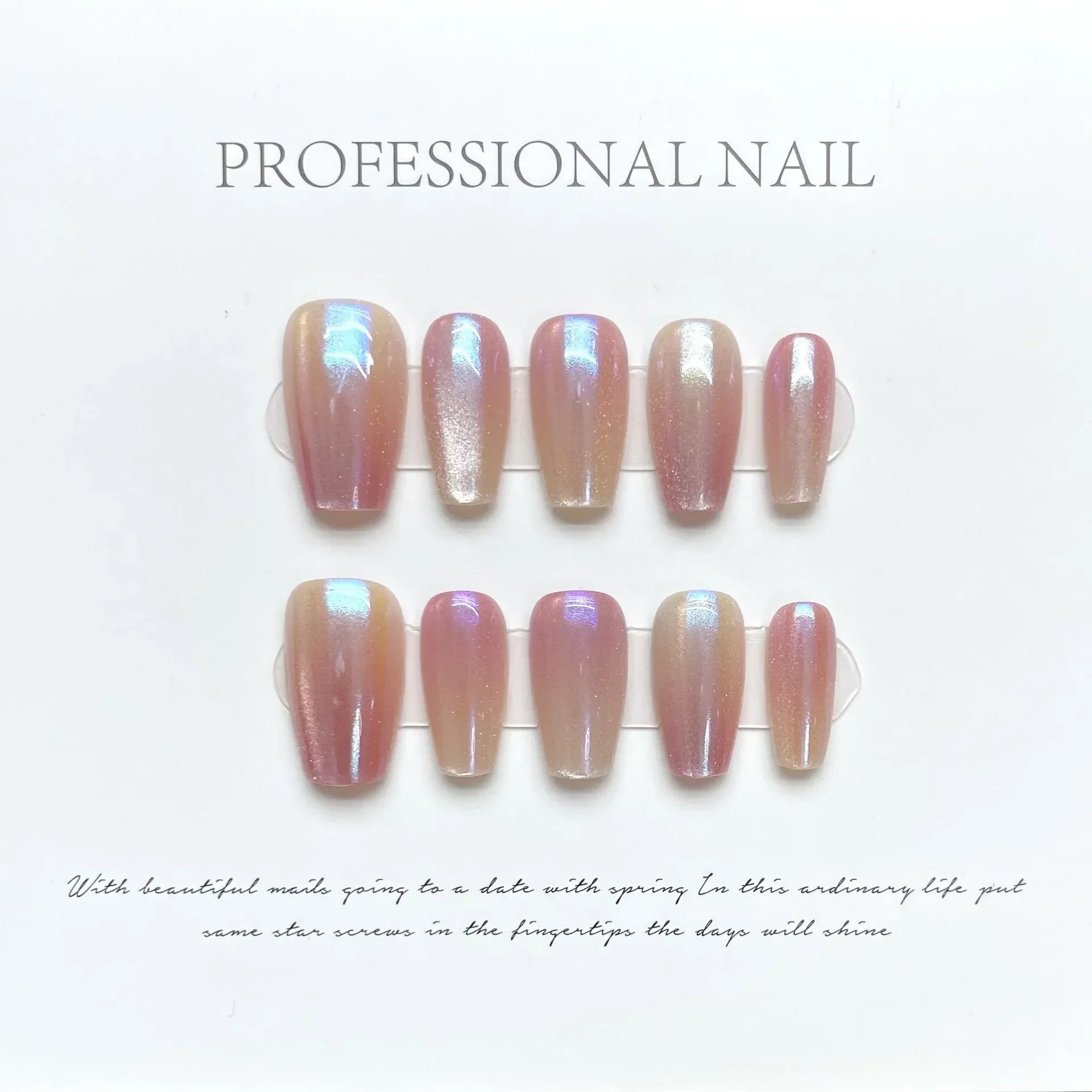 Hnewly 10Pcs Cat Eye Handmade Press On Nails with Gradient Design False Nails Full Cover French Ballerina Wearable Artificial Nail Tips