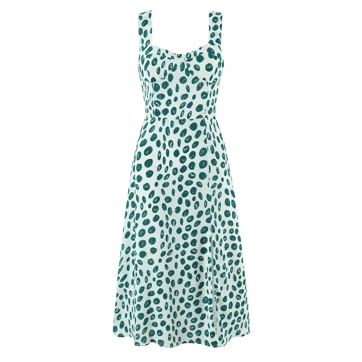 Lunivop  Women's French Retro Dot Print Midi Dress Sleeveless A-line Holiday Summer  Slit Dress for Daily Wear