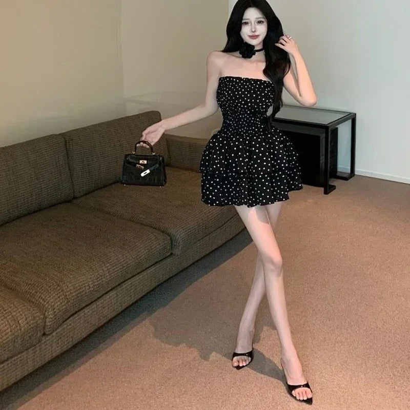 Hnewly DRESS TO IMPRESS Summer Lady Chic Fashion Ruched Mini Skirts Girls Korean Wave Point Short Dress Women Comfortable Off Shoulder A-line Dress