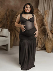Hnewly  Maternity Dress Photoshoot Black Sheer Mesh Pregnancy Gown Long Maxi Outfit Maternity Studio Photography Photo Shoot Clothes