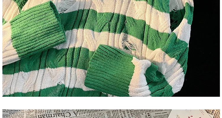Hnewly  Women Striped Retro Knitted Sweater Spring Autumn Loose Versatile Pullover Casual Fashion Holes Round Neck Long Sleeved Top