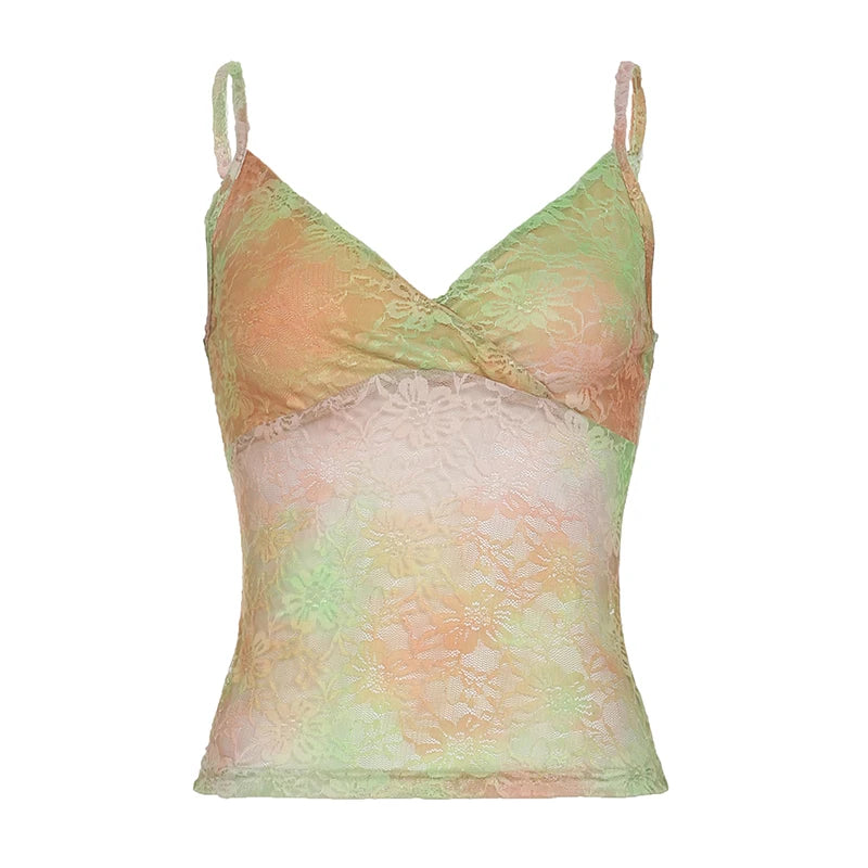 Hnewly y2k Lace Tie Dye Camis Chic Slim-fitting Cropped Top for Women Vintage 90s Mini Vest Summer Holiday Sexy Transparent Tees