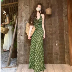 Hnewly  Retro Fresh Green Plaid Strapless Dress Women's New Gentle Elegantly Slimming Backless Long Dress V-neckline Polyester