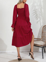 Hnewly  Spring & Autumn Casual Solid Squared Neck Shirred Ruffle Trim Long Sleeve Tiered Dress For Women