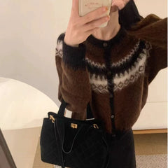 Hnewly  Button Up Fair Isle Sweater Cardigan Soft Knit Sweater Jacket Geometric Print Cozy Knitwear Teen-girl Fall Winter Vintage Outfit