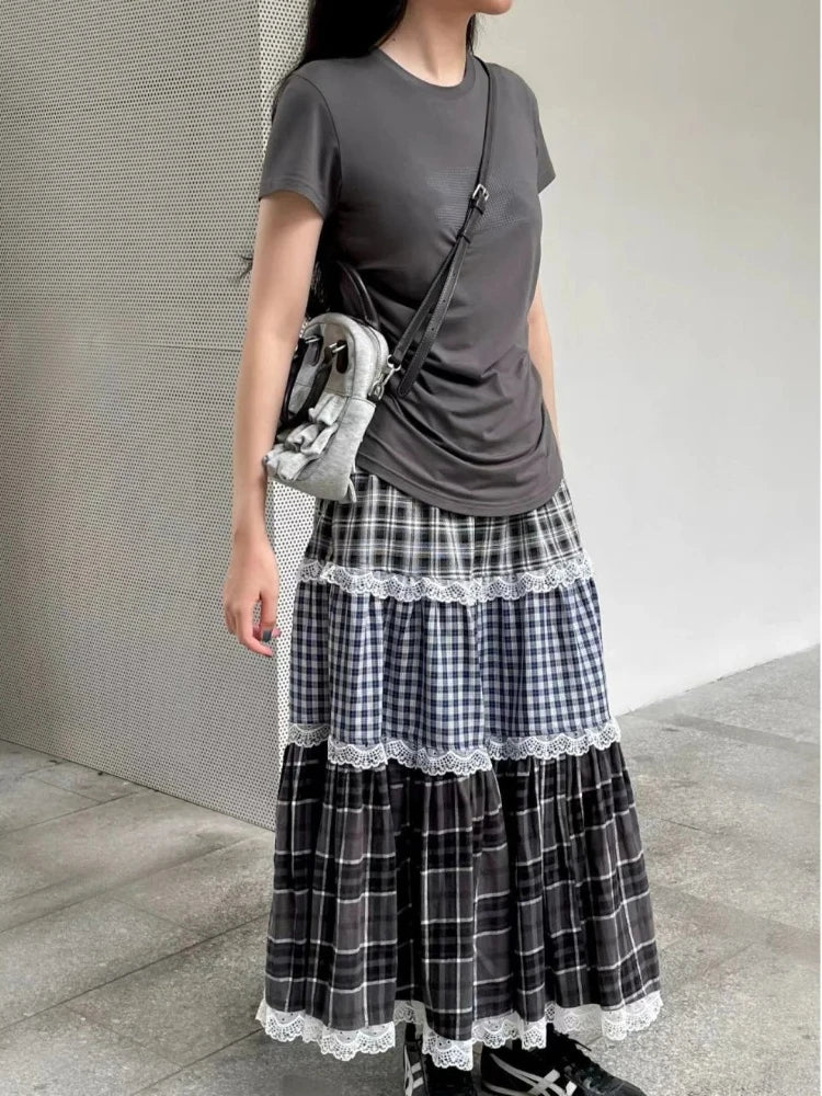 Hnewly Vintage Harajuku Lace Plaid Skirt Women Preppy Style Long Skirts Autumn Winter Streetwear Retro A-line Ruffle Skirts