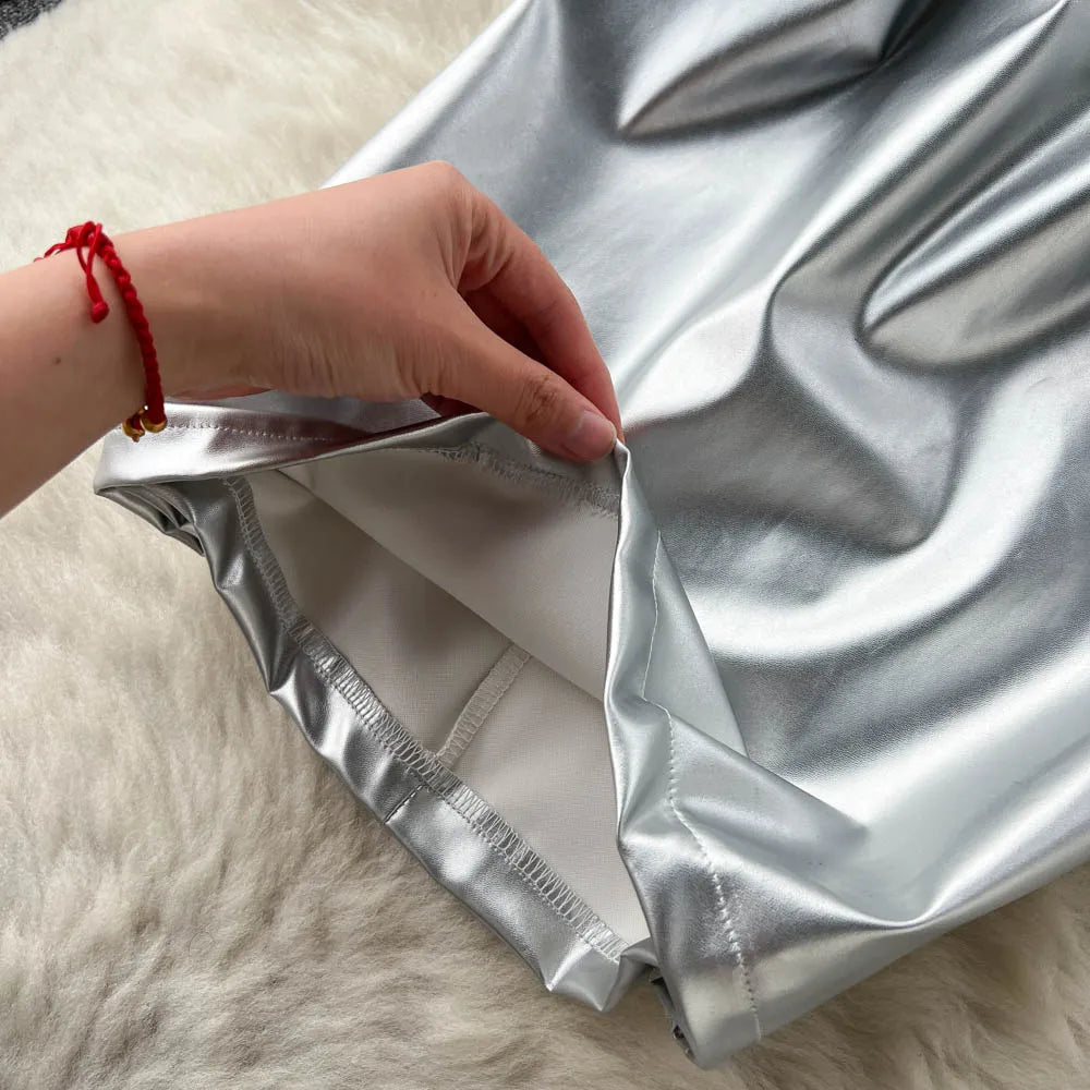Hnewly Strapless Sexy Short Dress Summer Sleeveless Bodycon Hollow Out Fashion Y2K Women Evening PU Leather Slim Dress