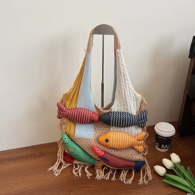 Hnewly  Cute Fringe Splicing Handbag Outdoor Knitted Tote Bag With Yarn Personality Shoulder Bag for Women Large Capacity Fashionable