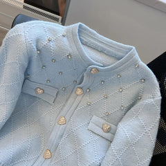 Hnewly  French Knitted Cardigan Sweater Luxury Diamond O-Neck Long Sleeve Top Women's Autumn Winter Korean Soft Comfort Coat