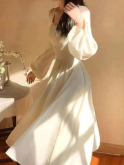 Hnewly  Spring French Elegant Solid Midi Dress Woman Long Sleeve Fairy Party Dresses Casual One Piece Dress Korean Female Fashion