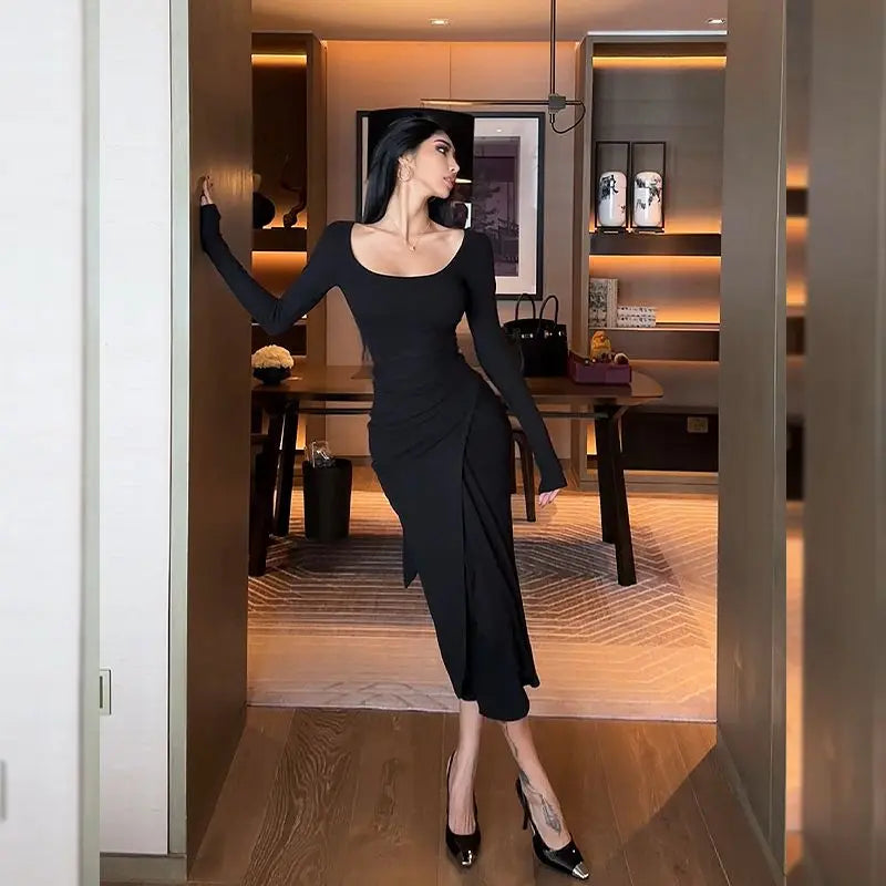 Hnewly Women Dress French Simple Light Luxury High-end Square Neckline Long Sleeve Strap Design Hip-covering Long Dress Slight Strech