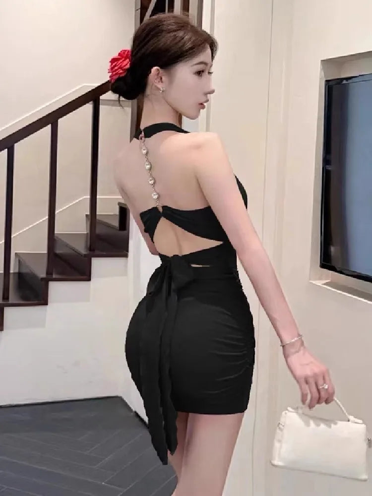 Hnewly  Woman Dress Sleeveless Sexy Halter Slim Backless Bow Backless Solid Elegant Summer Fashion Party Mini Dresses Chic