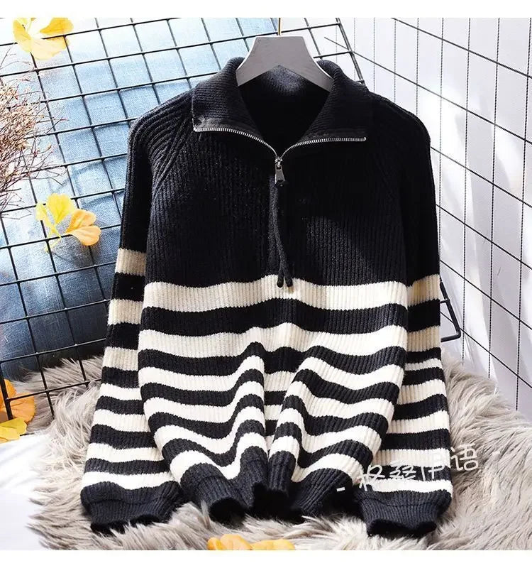 Hnewly  Half Zipper Stripe Pullover Sweater  Women Loose Knitted Base Shirt  2025 Spring /Autumn Japanese Style Long Sleeve Pullover Top