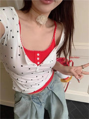 Hnewly  Summer Outfit Polka Dots Print Crop Top Sexy Korean Fashion Short Sleeve Tees Cute Button Up Tees Round Neck T Shirts Slim