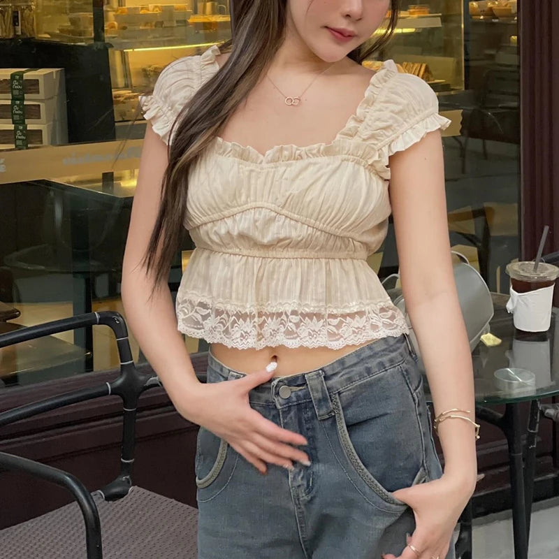 Hnewly Sexy Square Collar Lace Edge Ruched Causal Solid Crop Tops Y2K Summer Fashion New Women Daily 2025 Party Vest Clothes
