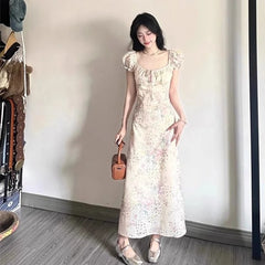 Hnewly  Women Dress Puff Short Sleeve Floral Printed Square Collar Summer Fashion Bandage Sweet Elegant Female Dresses Casual