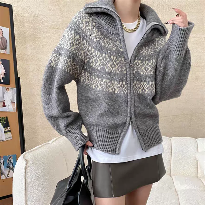 Hnewly  Women Fair Isle Sweater Zipper Front Collared Zip-up Sweater Knit Jacket Cozy Knitwear Teen-girl Fall Winter Vintage Outfit