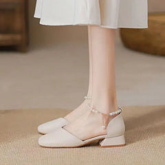 Hnewly  Sandals for Women Outdoor Summer Beige Round Toe Tip One Word Block Heel Buckles Ladies Shoes Office Work Footwear Sale F H