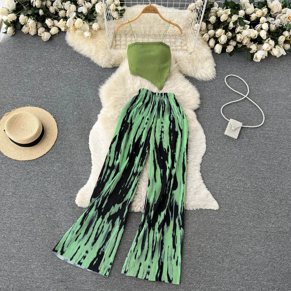 Hnewly Summer Spaghetti Strap Crop Tops and Pantsuit Women Elegant Floral Casual Chic Beach Holiday Outfits Female Sexy 2 Pieces Set