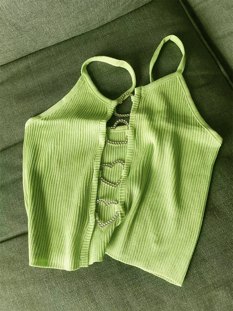 Hnewly summer inspo New Sexy Solid Ribbed Crop Sleeveless Top - Back Heart Decor Cami Top for Women Perfect for Spring & Summer