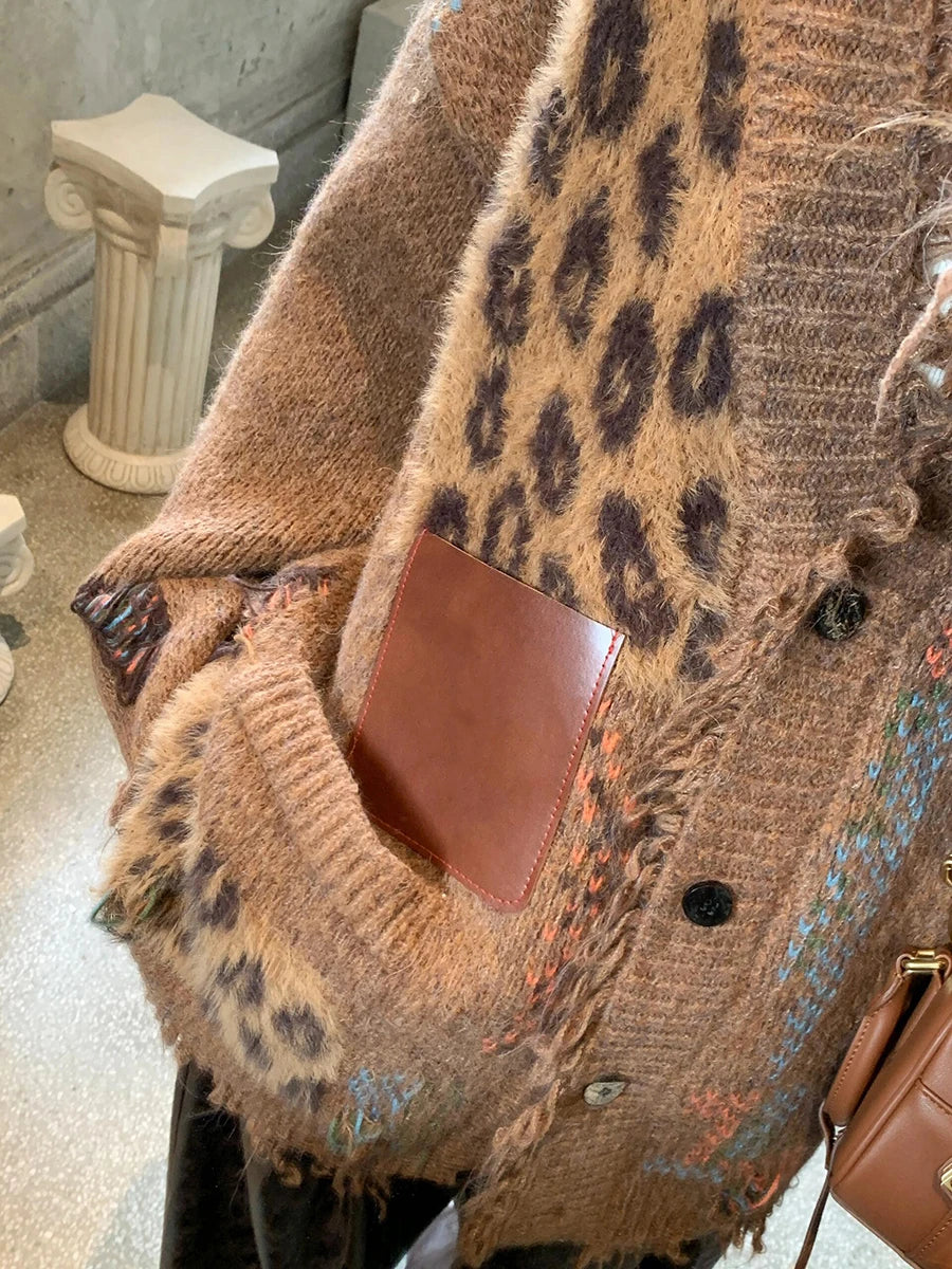 Hnewly Label Patchwork Leopard Cardigan Sweater Women Retro Ripped Tassels Button Down Knit Jacket Thick Warm Winter Outwear